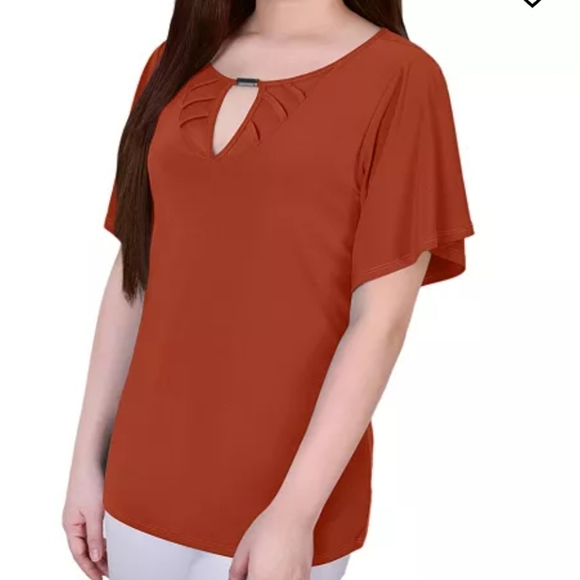🎁FREE GIFT🎁 NY COLLECTION Orange Soft Lightweight Mesh Flutter Sleeve Knit Top - Picture 3 of 9